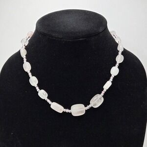 Bohemian Rose Quartz Beaded Necklace Silver Accents Pink Gemstone Approx 17"‎